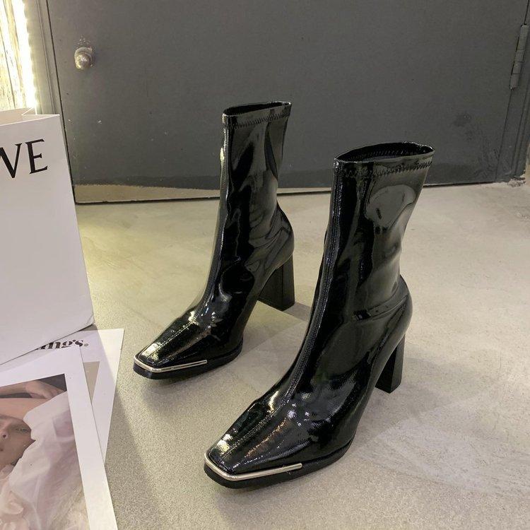 

Лакированные сапоги женские квадратные на высоком каблуке яркие кожаные сапоги осень и зима новые боковые молнии высокие женские сапоги рукав сексуальные тонкие сапоги 40