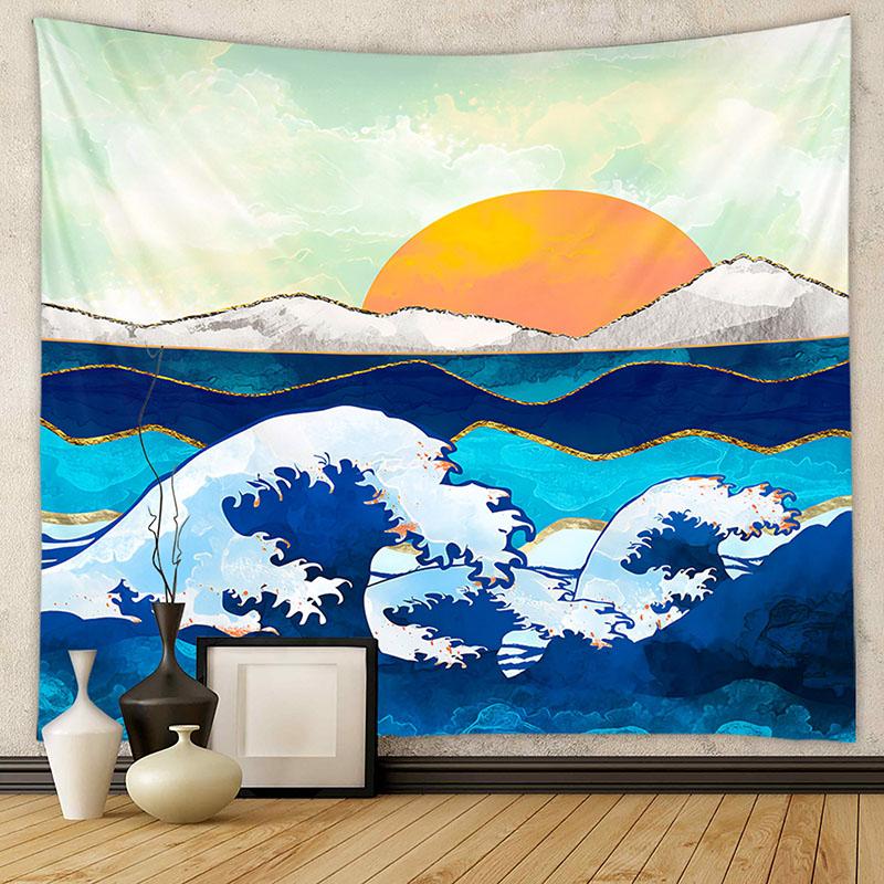 Nordic Mountain Sunset Printed Tapestry Natural Landscape Wall Hanging Cloth Beautiful Bedroom Background Decoration with Nails