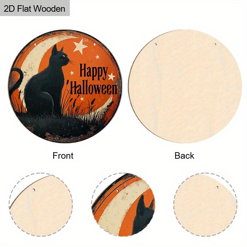Wesołego Halloween Drewniany Znak ze Wzorem Czarnego Kota - Figurki Ozdobne ze Wzorem Półksiężyca i Gwiazdy - Idealne na Drzwi Wejściowe, Podwórko, Ganek, Dekoracja Pokoju