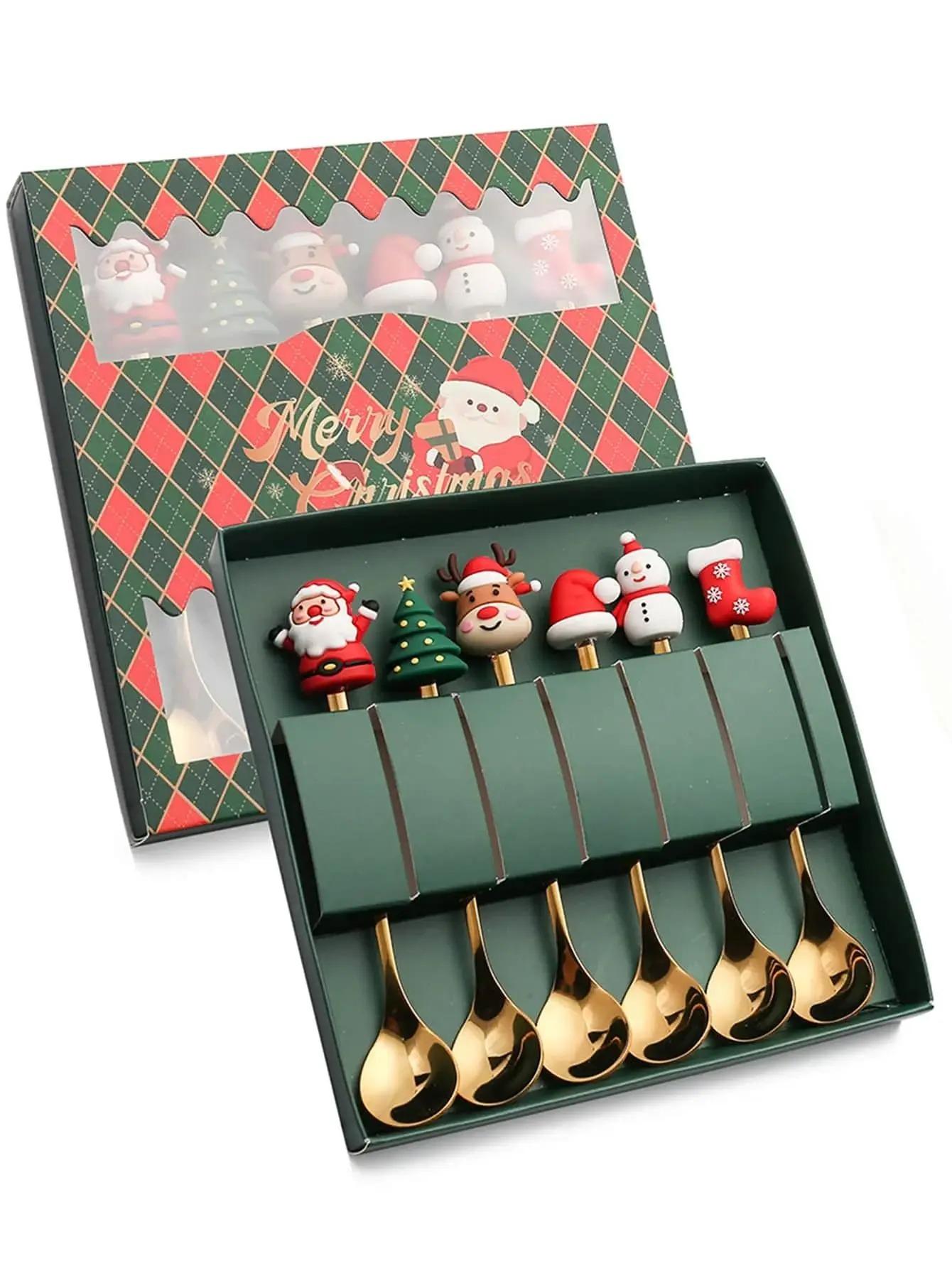 

6Pcs Christmas Fork And Spoon Set Stainless Steel Creative Tableware Coffee Tea Dessert Forks And Spoons Gift Set