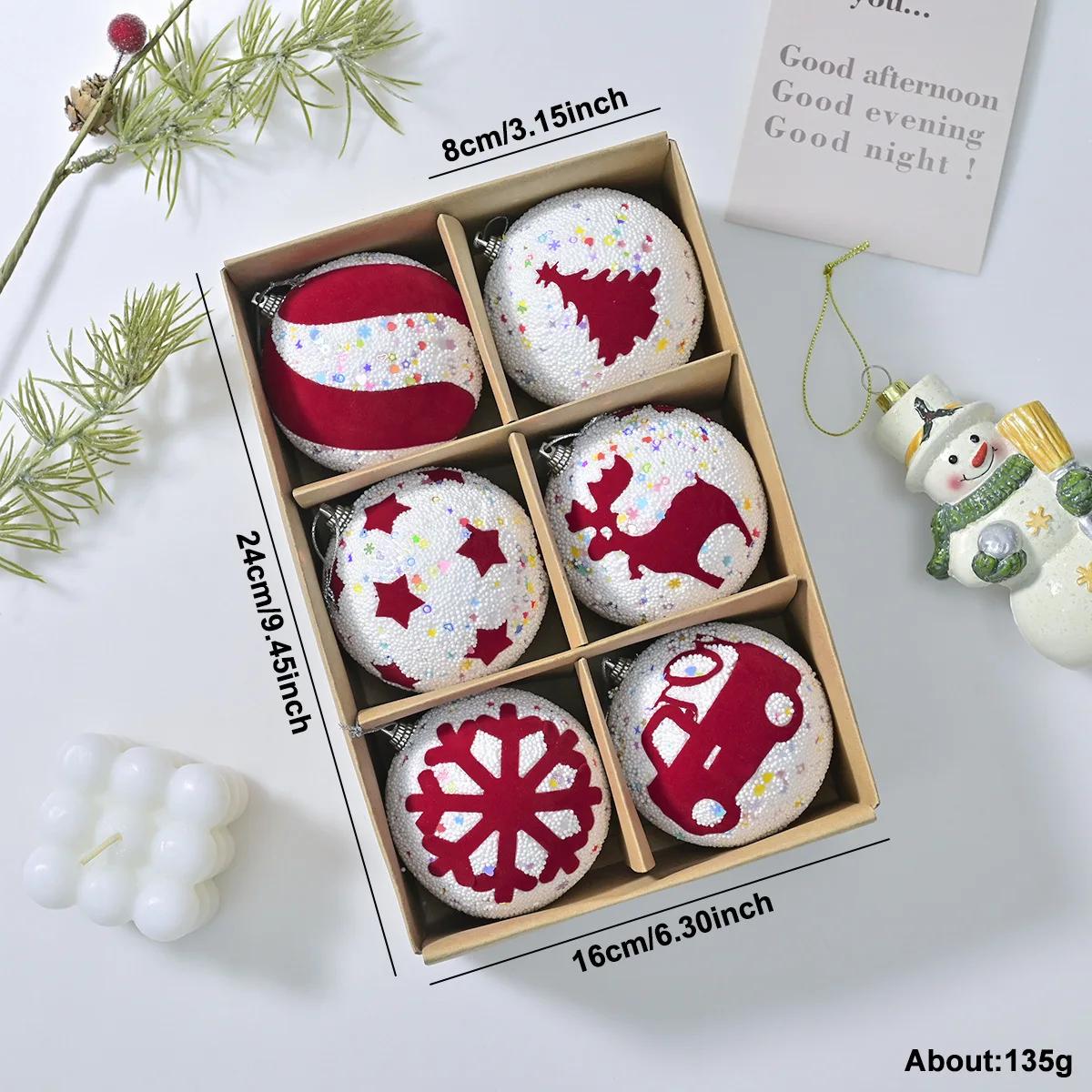 Foam Glitter Christmas Balls 6PCS-8CM Cute Cartoon Xmas Decorative Hanging Ornaments Party Christmas Spheres Pendant Set 8CM