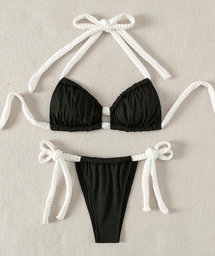 Dámské plavky jednobarevné halterneck odhalená záda na zavazování rozparkové plavky bikiny plážové oblečení koupací plavky