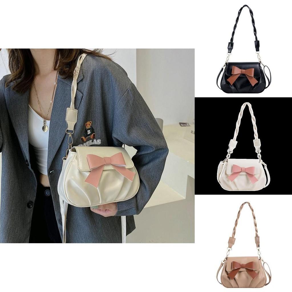 Retro Fashion Pleated Design Womens Small Bowknot Bag In Khaki Black And Cream