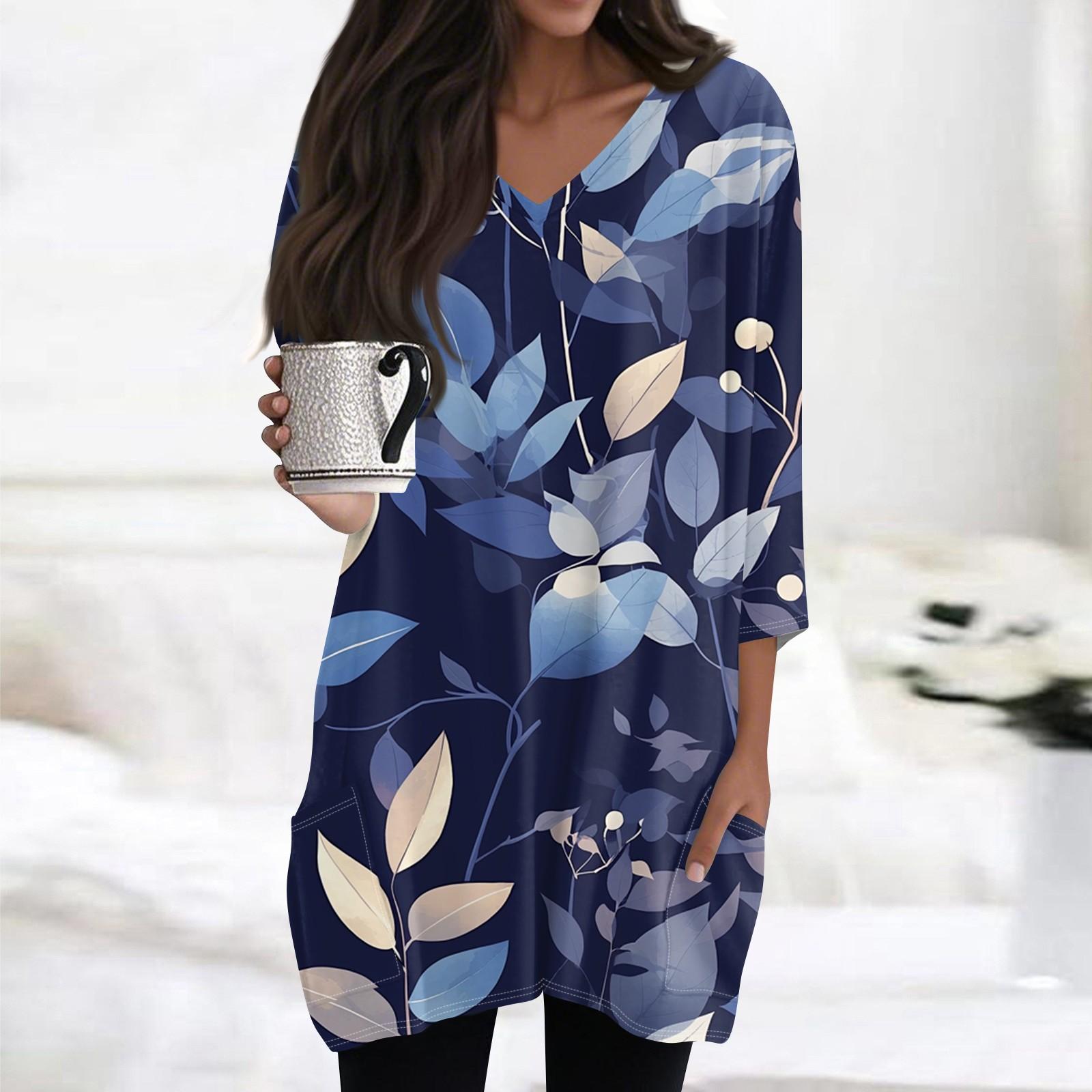 

Women s Casual V-neck 3/4 Sleeve Vintage Floral Print Top L