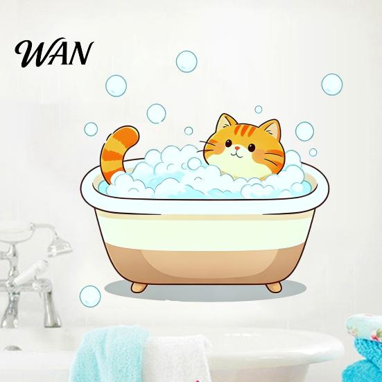 PVC Wall Sticker Cartoon Cat Sticker, Funny Orange Bathing/Licking Decal, Fade-resistant Peel And Stick Self-Adhesive Room Mural for Kitchen, Bathroom
