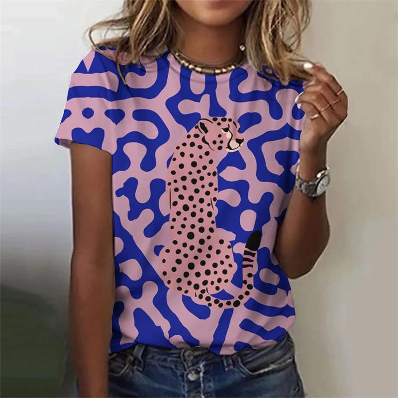 Summer Round Neck Funny Animal Colored Leopard Pattern 3D Print Top Fashionable Casual Short Sleeved Women's T-shirts