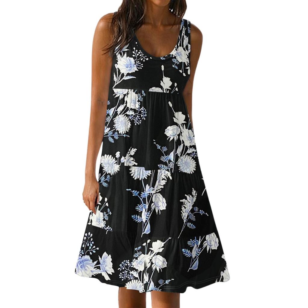 Damen Lässige Ärmellose Sommerkleider Frühling Patchwork Boho Floral Cocktailparty Kleid