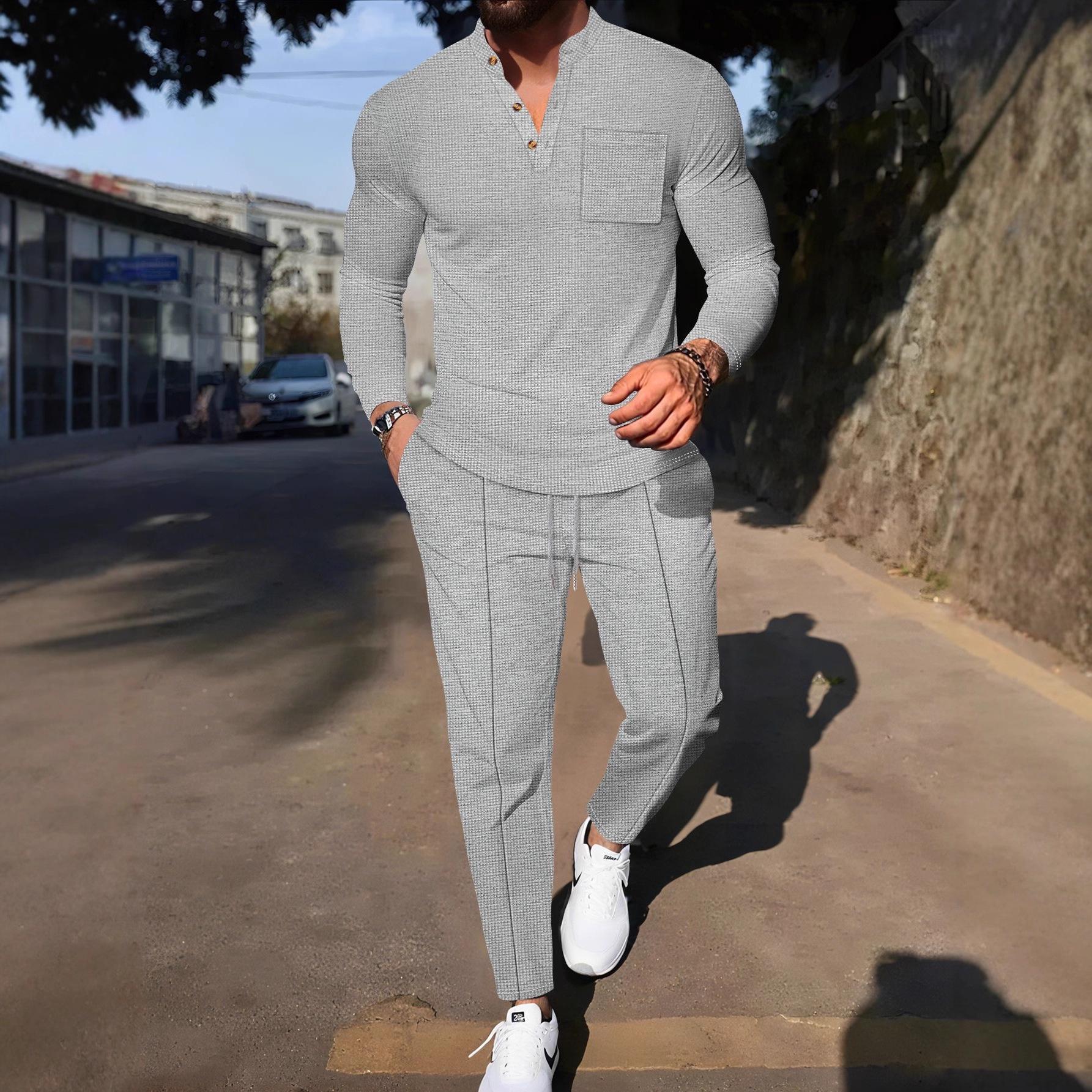 

Men s Autumn Waffle Solid Pocket Long Sleeve Polo Shirt and Pants Casual Suit S серый