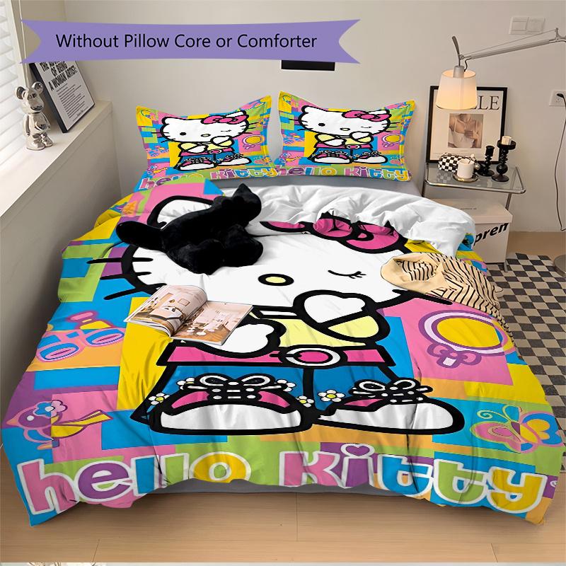 3pcs Hello Kitty In a Playful Pose Pattern Bedding Three-Piece Set (1 Cover + 2 Pillowcases, No Fillings), Soft and Comfortable S038