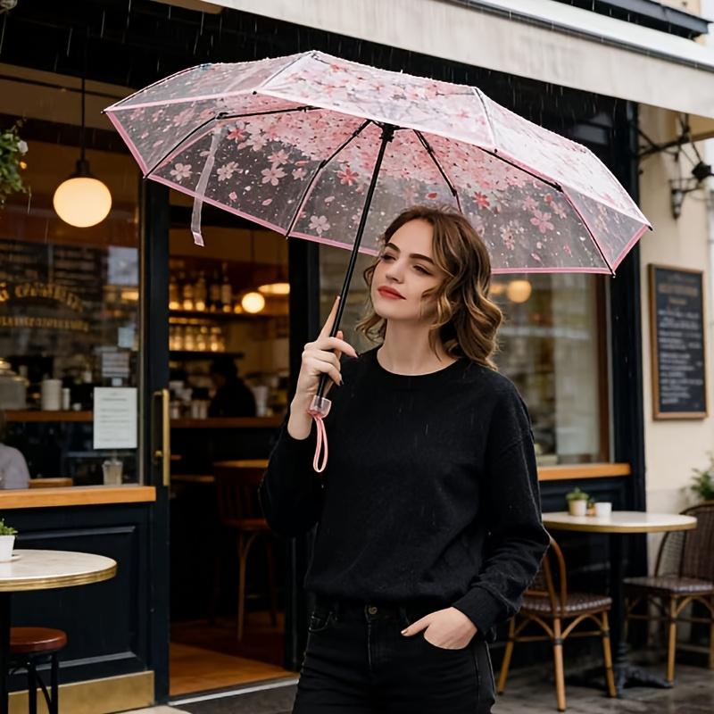 Cherry Blossom Transparent Folding Umbrella - Large Diameter 8-Rib Sturdy Clear Parasol for Rain & Sun manual transparent розовый