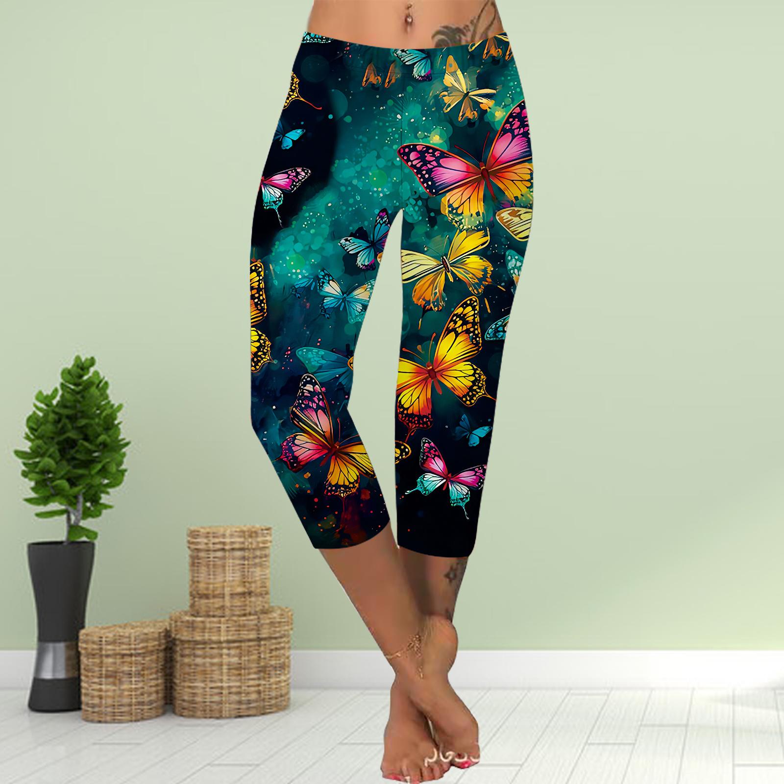 

Брюки летние короткие леггинсы укороченные узкие брюки леггинсы больших размеров женские облегающие брюки с 3D фиолетовым ослепительным принтом бабочек XL жёлтый