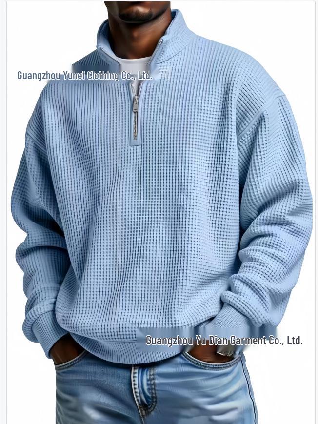 Men's European Style Waffle Knit High Collar Half-Zip Hoodie