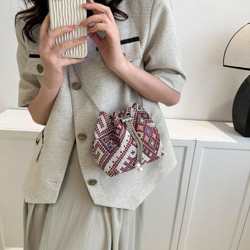 Chic Round Cotton Linen Crossbody Bag With Colorful Stitching And Soft Texture