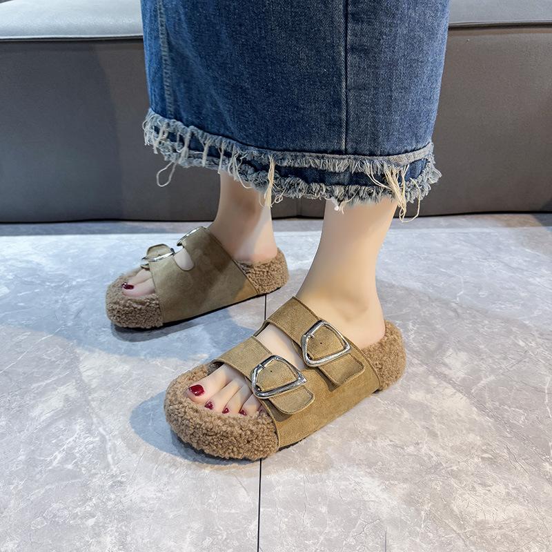 Lamb Wool Slippers Women's Autumn and Winter New Flat-bottomed Wool Shoes Wool Slippers Outer Wear Shoes Cork Low Heel One-word Drag