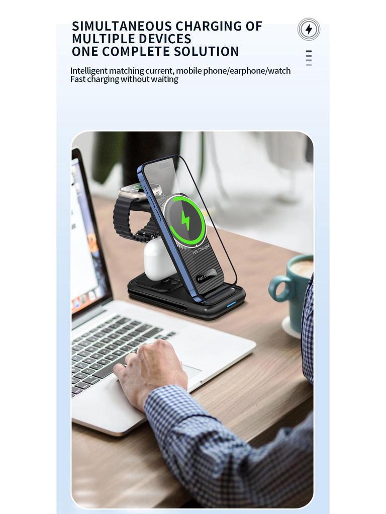 Foldable Multi-Functional Wireless Charging Stand with Built-in Cable - 15W Four-in-One Fast Charger for Mobile Phones