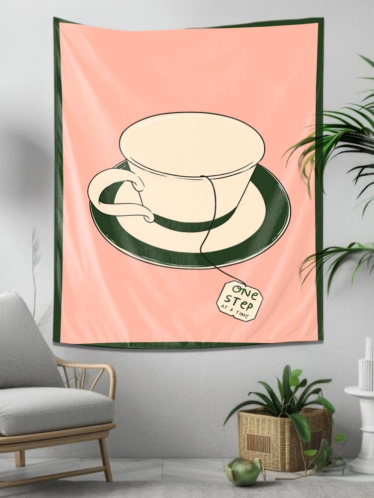 Tea Cup One Step At A Time Wall Tapestry Machine Washable All Season Decor Print Minimalist Design Home nontoxic material