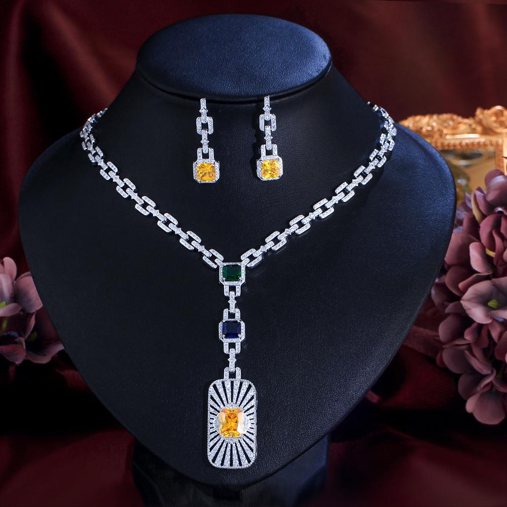 

ThreeGraces Exquisite Yellow Cubic Zirconia Geometric Square Earrings and Necklace Luxury Party Jewelry Set for Women T1019