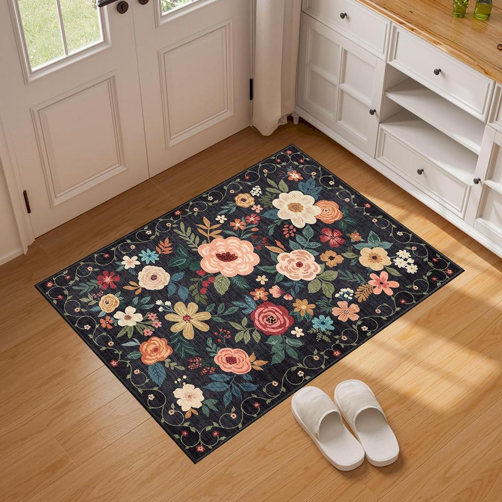 Floral Indoor Washable Door Mat, Non Slip Boho Small Rug for Kitchen, Soft Low Pile, Front Door Throw Rug for Entrance, Bedroom,