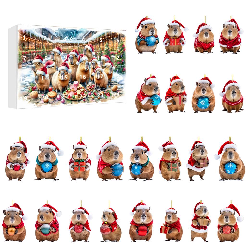Capybara Advent Calendar 2024 24 Days Christmas Countdown Calendar 2D Acrylic Capybara Pendant for Christmas Tree Car Home Decor