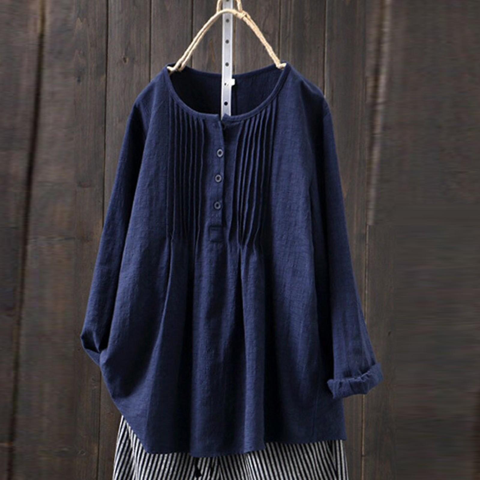 

Женский свободный однотонный универсальный топ из хлопка и льна с воротником на пуговицах L темно-синий