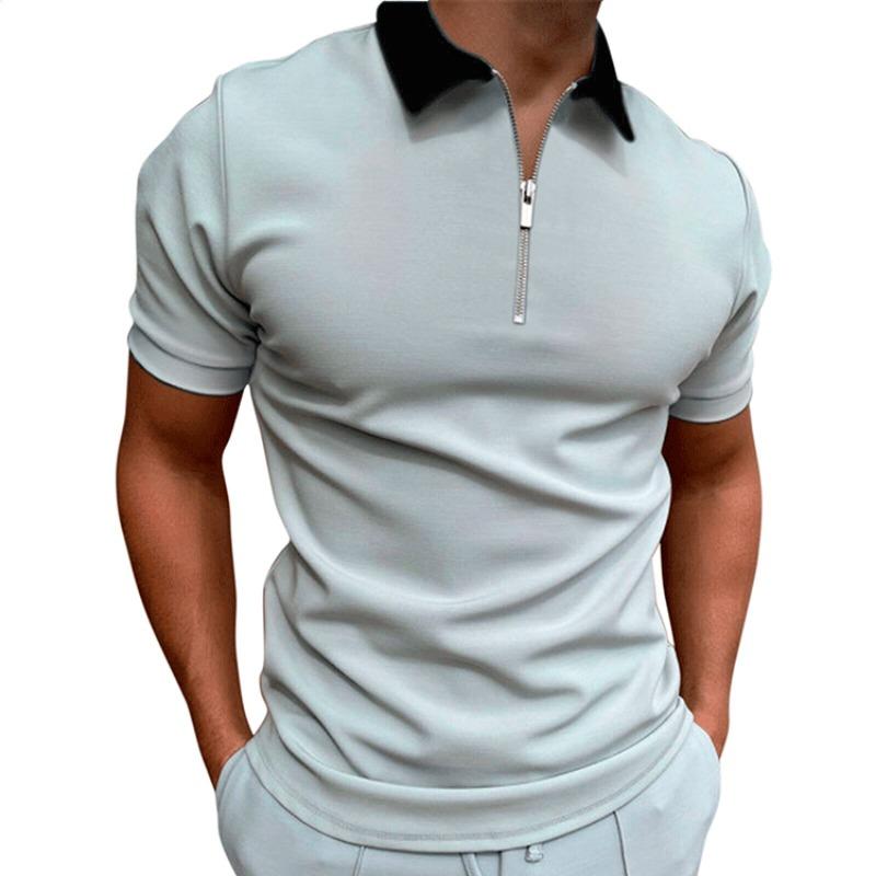 Men Slim Fit Short Sleeve Zip Collar Casual Polo Shirt