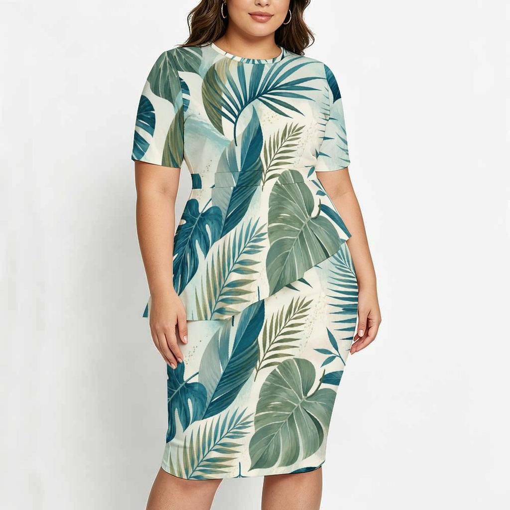 Women Plus Size Round Neck Short Sleeve Tropical Print Asymmetric Top Fitted Skirt Two Piece Set