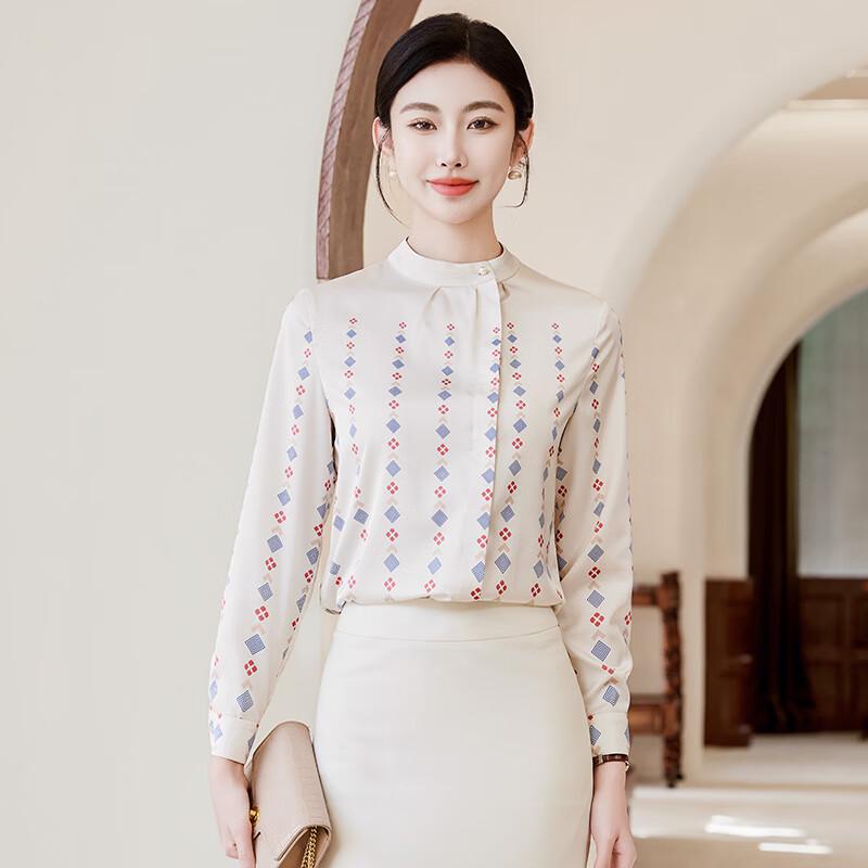 Women s Elegant Printed Long-Sleeve Stand Collar Blouse 2XL