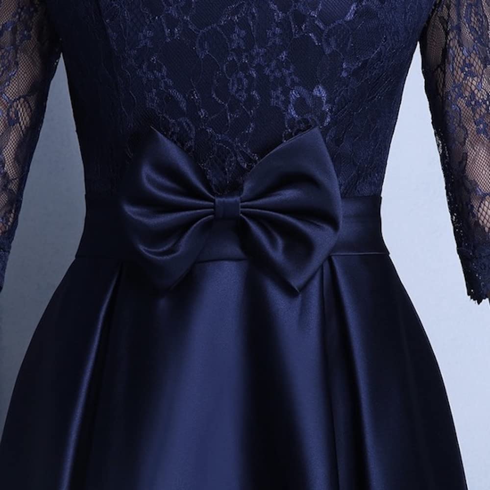 EightSTAR Party Wedding Midi Piano Recital Navy Size Dress Dress, Dress, Knee-Length, Length, Ribbon, Sleeves, Lace, A-Line, Dress, See-Through,