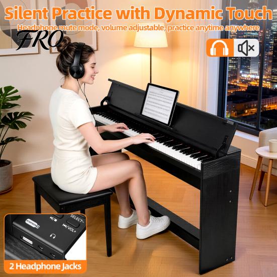 Piano Eléctrico con Soporte 88 Teclas Digitales Triple Pedal Compatible con Bluetooth y USB MIDI, Teclas Sensibles al Tacto, Jack Inteligente para Auriculares, Pantalla LED,