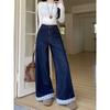 Real Shot American Letters Embroider Bows Gingham Color Contrast Patchwork Denim Summer Loose Wide Leg Mop Pants