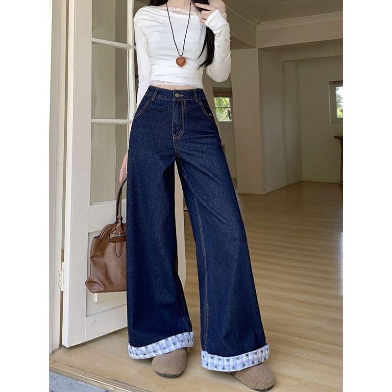 Real Shot American Letters Embroider Bows Gingham Color Contrast Patchwork Denim Summer Loose Wide Leg Mop Pants