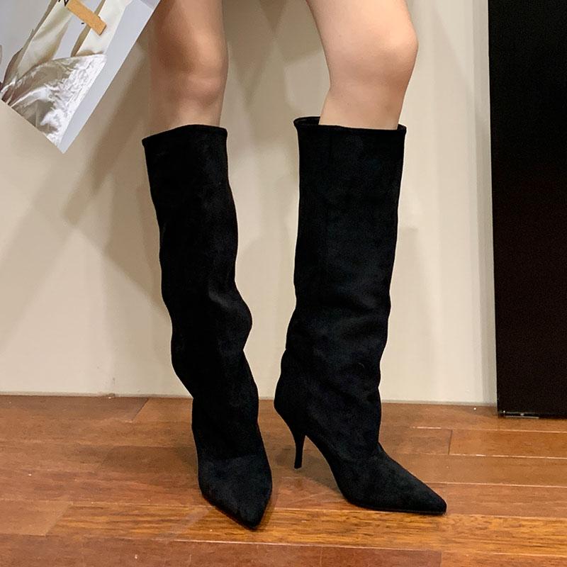 

Fashion Fashion Pointed Toe Party Modern Ladies Knee High Boots Female Thin Heels Shoes Flock Women Long Boots Slip On Shoes Pumps 35 чёрный