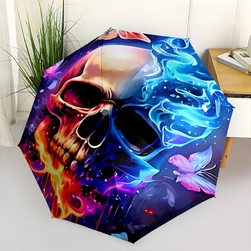 

1pc Colorful Butterfly Skull Flame Design Automatic Folding Umbrella, Portable 3-Fold Design with Iron Frame, Perfect for Outdoor Use, Festive Gi