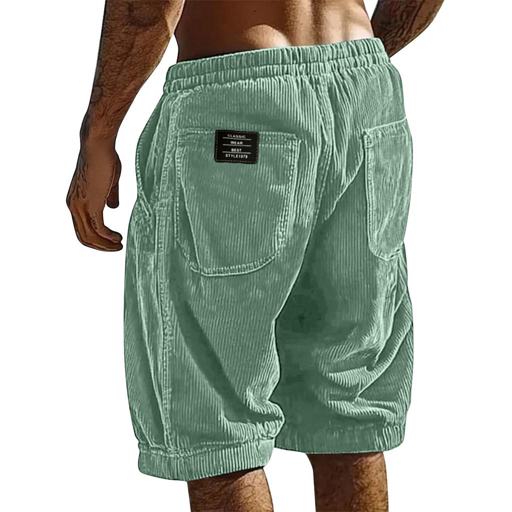 Mens Corduroy Shorts Relaxed Fit Elastic Waistband Patch Pocket Design Casual Knee Length Trousers for Everyday Wear