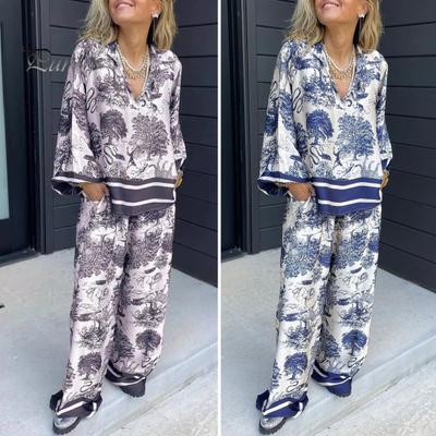 2 Teile/satz T-shirt Hosen Set Blumendruck V-ausschnitt Langarm Bohemian Gestreiften Top Breites Bein Elastische Taille Taschen Hose Dame Casual Kleidung