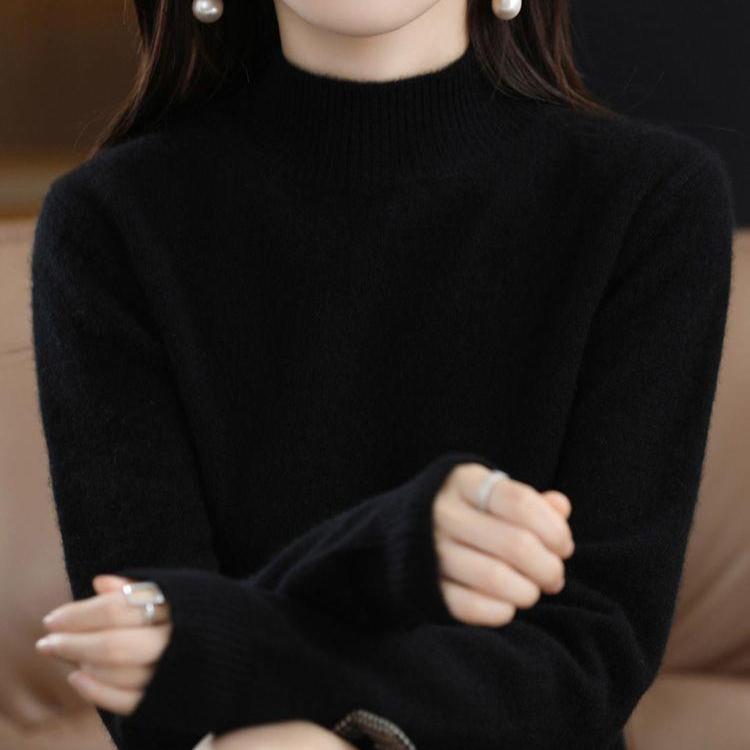 Half High Neck Sweater for Women Casual Pullover for Autumn and Winter Solid Color Loose Long Sleeved Knitted Sweater