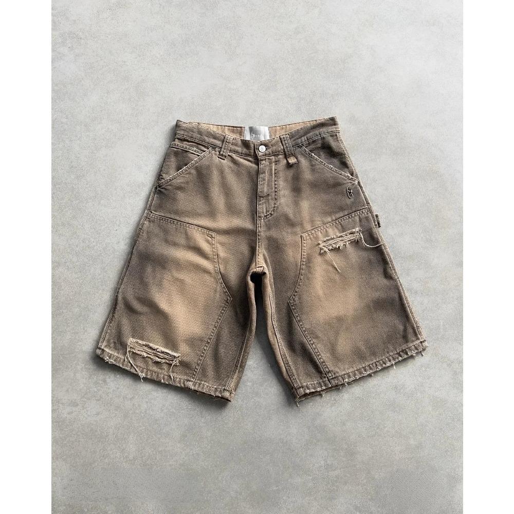 ZYLLO Y2k Black Punk Washed Baggy Work Shorts Men Women Fashion Hip Hop Ripped Hole Denim Shorts Vintage Raw Edge Jorts Streetwear