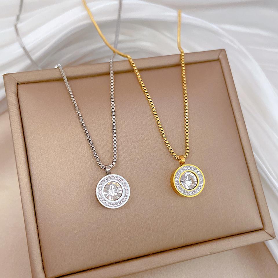 ZAKOL Shiny Crystal Zircon Round Pendant Necklace Earrings for Women Exquisite Stainless Steel Chain 2 Pcs Zircon Set