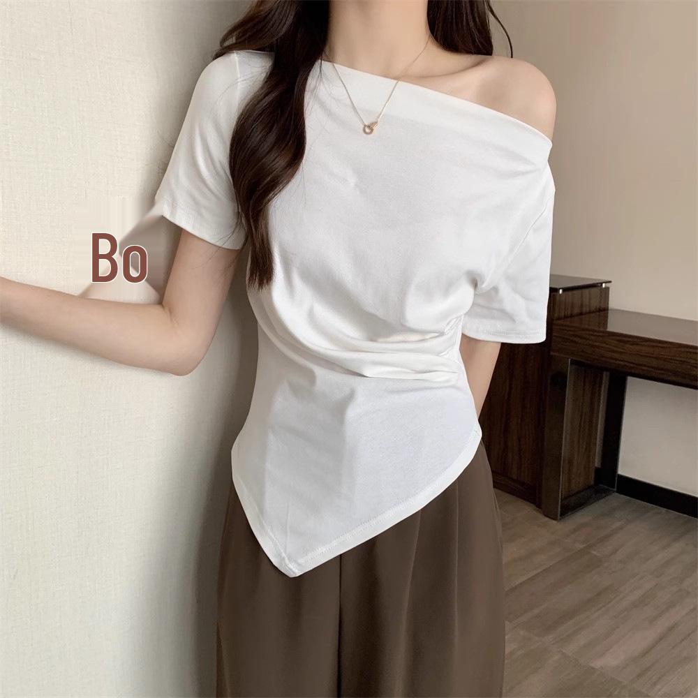 2025 Women’s Irregular One-Shoulder Slimming Loose French Style Off-Shoulder Short-Sleeved Top