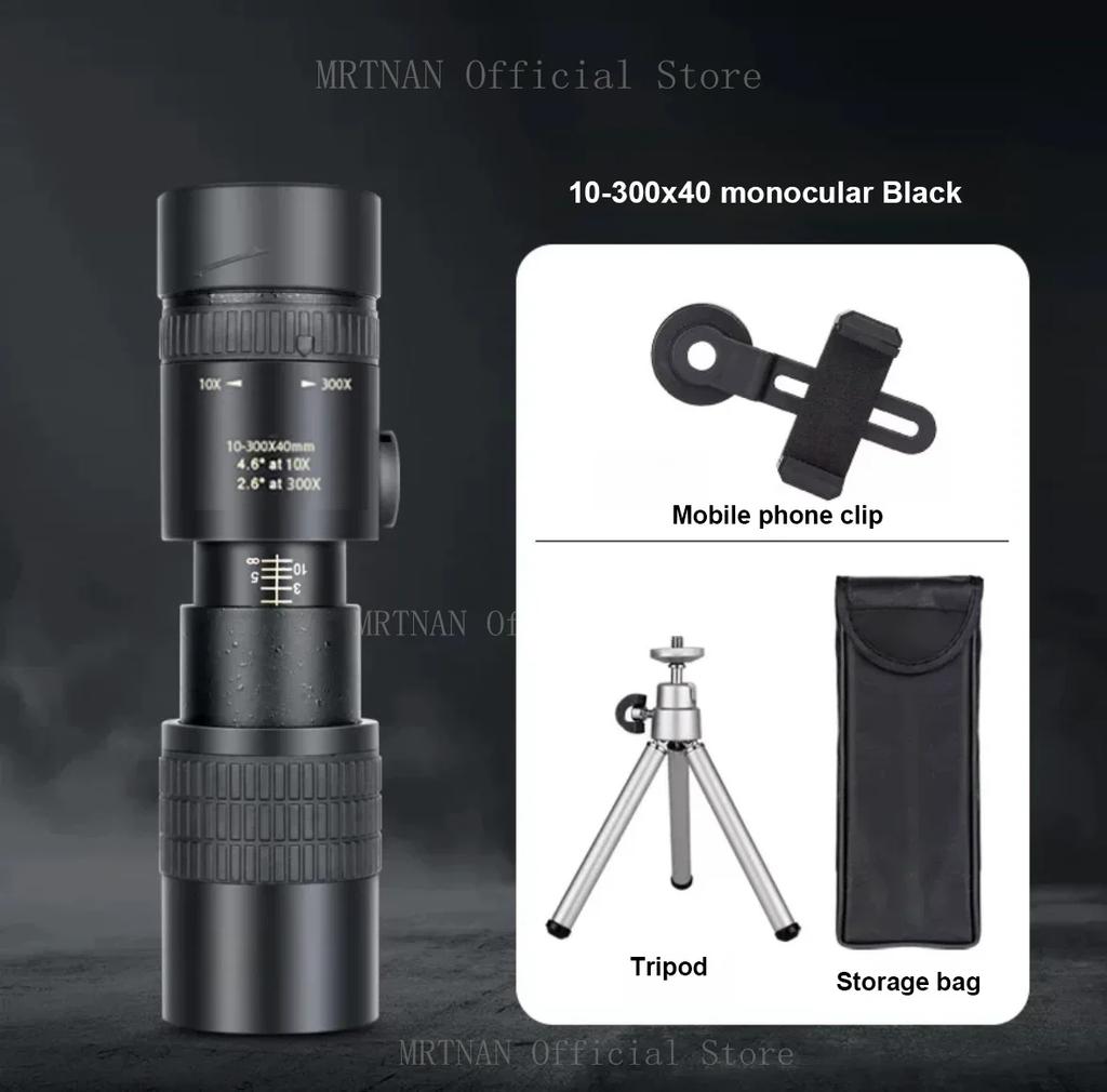 Leistungsstarkes 10-300x40 HD Monokular-Teleskop mit Fernrohr-Zoom, Stativ und Handy-Clip für Outdoor-Jagd, Camping und Tourismus