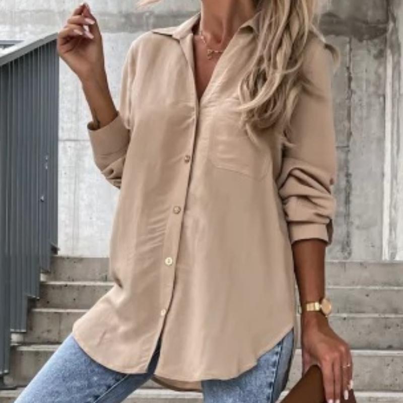 

Осенняя женская простая однотонная рубашка поло с рукавами-пулеметами и воротником-стойкой на пуговицах XXL хаки