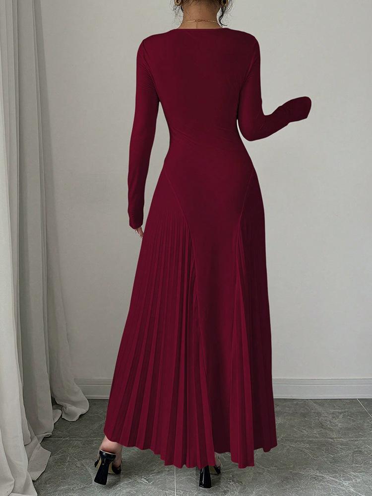 Autumn Winter Simple Solid Color Knitted Dress Women O Neck Long Sleeve Pleated Office Dresses Elegant Slim Robe Dress