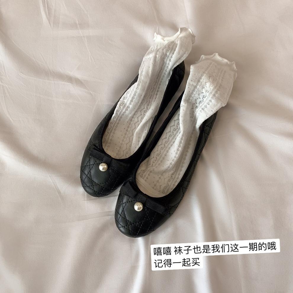 Sheepskin Version~ The Same Pearl Bow Diamond Flat Leather Single Shoes Women's Ballet Shoes