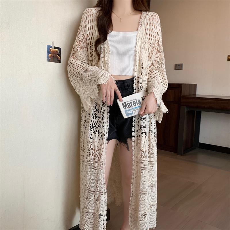 Dimanaf 2025 neue Strickjacke Frauen Stricken Spitze Lange Weste Hohl Sommer Stil Grundlegende Tops Tees Lose Kleidung