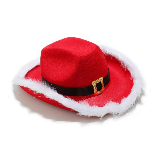 Cowboy Hat Christmas Themed White Furry Trim Soft Felt Material Jazz Top Hat Adjustable Red Tie Party Hat