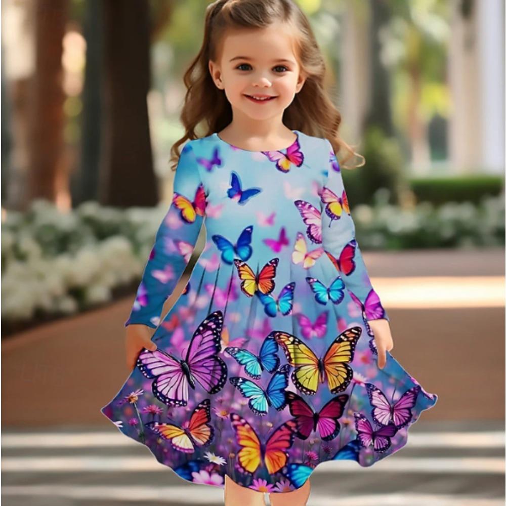 Girl Casual 3D Colorful Butterfly Print Round Neck Long Sleeve Dress Kid Princess Dress