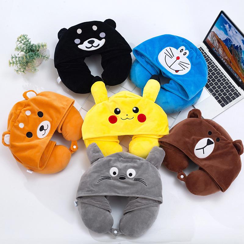 U Shaped Cartoon Neck Pillow Hooded Memory Foam Embroidery Multicolor Girls Gift