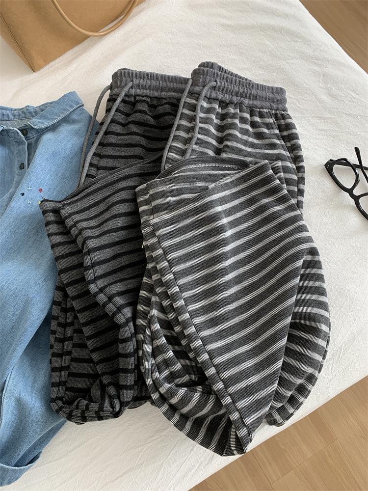 2025 Women's Retro Striped Korean-Style Wide-Leg Pants for Spring & Autumn