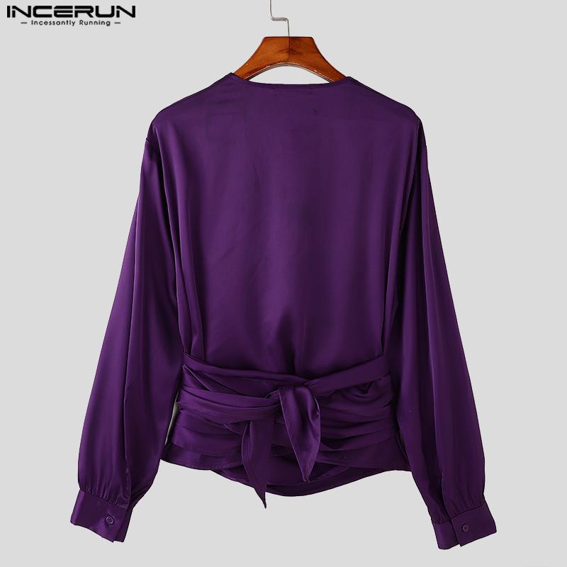 INCERUN Herren Deep V-Ausschnitt Vorne gekreuzt Einfarbig Bandage 70er Jahre Retro Tops Partyhemden