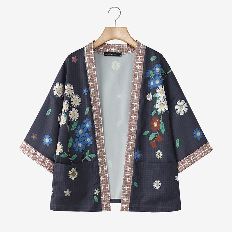 

ZANZEA Женская блузка-кардиган кимоно свободного кроя с цветочным принтом и рукавом 3/4 5XL тёмно-синий